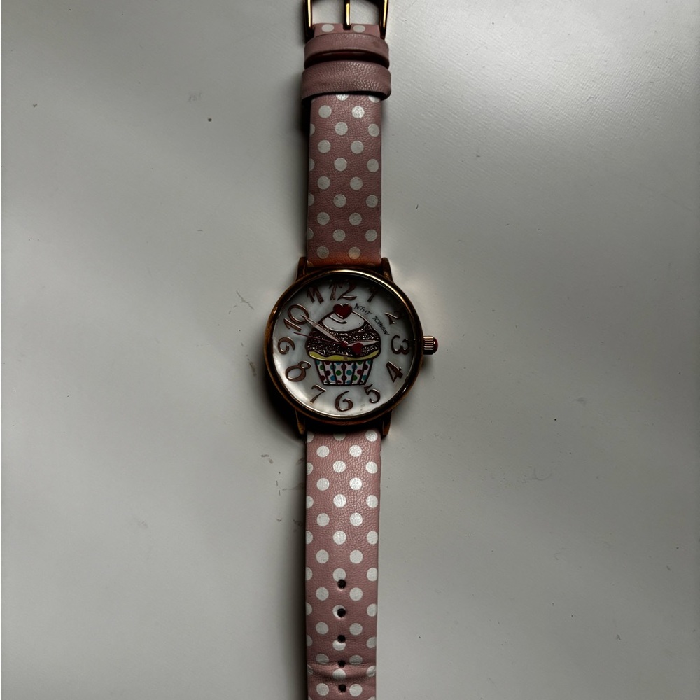 Betsey Johnson Charming Pink Polka Dot Watch with Cupcake Dial new battery